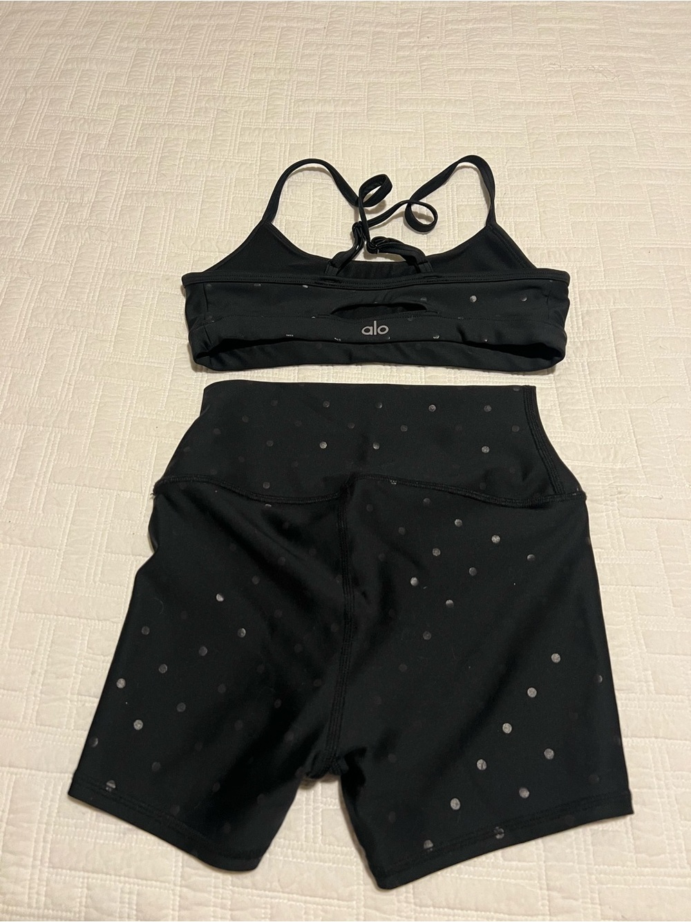 ALO Yoga Black Sports Bra Top and shorts with Subtle Dot Accent - Picture 2 of 5